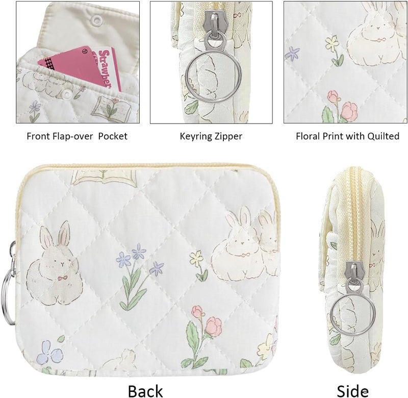 Modacarry Store Cotton Quilted Floral Coin Pouch with Cute Prints Zipper for Women Girls (TWO RABBITS) - Image 5